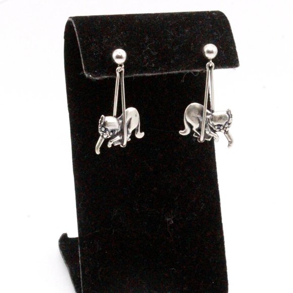 Sterling Silver Contemporary Cat Long Dangle Post Back Earrings - Picture 3 of 7